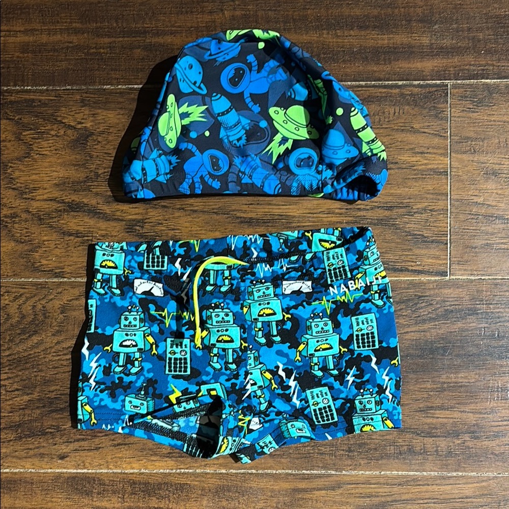 Decathlon Blue and Green One Piece Swimwear and swim cap for kids